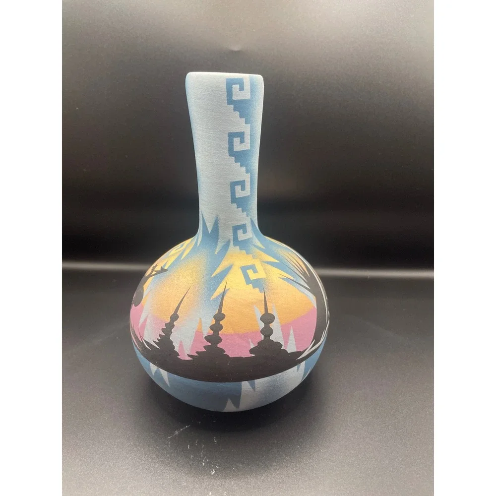 Warren Dineh Signed Southwestern Pottery Vase Blue Sunset Horse Rider Landscape